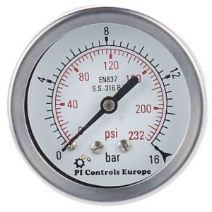 63mm Dial ;Range :0 to 16 Bar; PI Controls Europe- Full Stainless Steel Pressure Gauge; Back  Mount