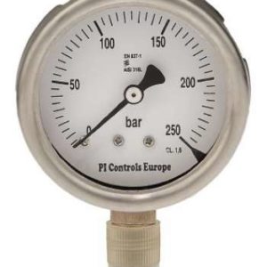 63mm Dial; Range :0 to 250 Bar;PI Controls Europe-Full Stainless Steel Pressure Gauge; Bottom Mount