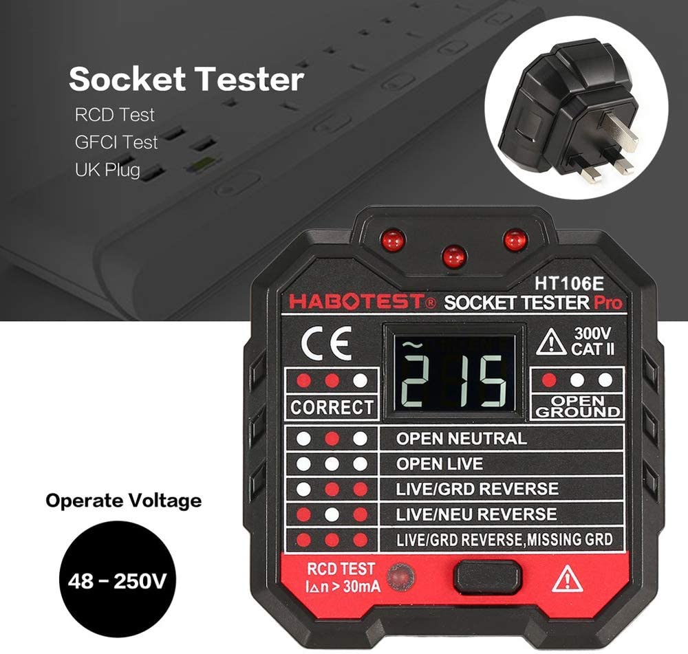 HABOTEST HT106E Digital Socket Tester Phase Check Detector Voltage Tester 