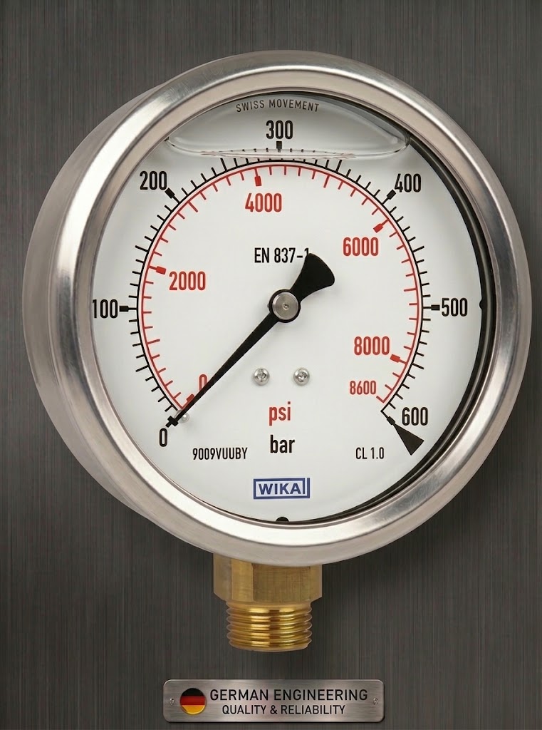 WIKA MAKE BOURDON TUBE PRESSURE GAUGES, LIQUID FILLING, STAINLESS STEEL CASE ,RANGE: 0…600 BAR, CONNECTION: ½” NPT (M)