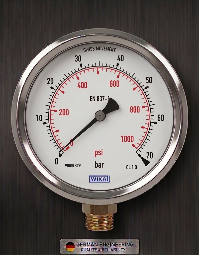 WIKA MAKE BOURDON TUBE PRESSURE GAUGES, LIQUID FILLING, STAINLESS STEEL CASE ,RANGE: 0…70 BAR, CONNECTION: ½” NPT (M)
