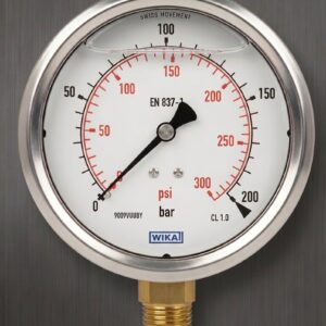 WIKA MAKE BOURDON TUBE PRESSURE GAUGES, LIQUID FILLING, STAINLESS STEEL CASE ,RANGE: 0…200 BAR, CONNECTION: ½” NPT (M)